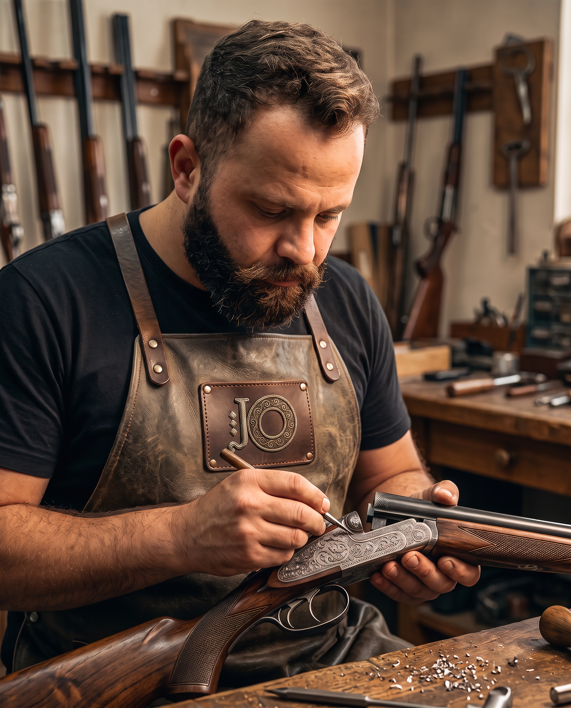 Master craftsman hand-engraving a bespoke firearm