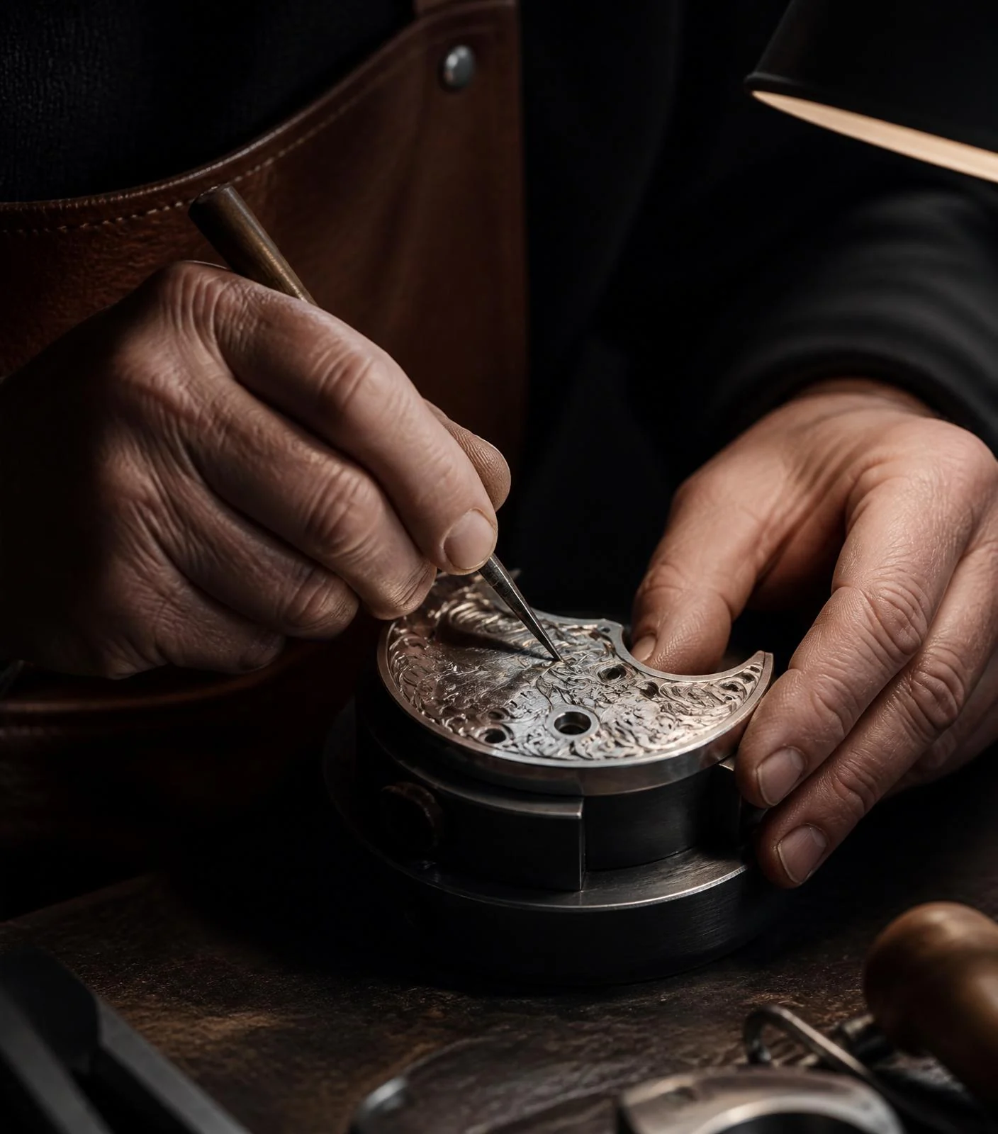 Engraver's hands working a graver over a firearm component