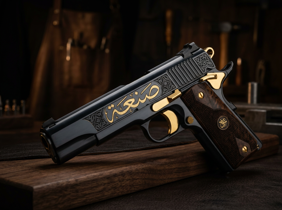 The Arabic word «صنعة» — craft — engraved in gold calligraphy on a pistol slide