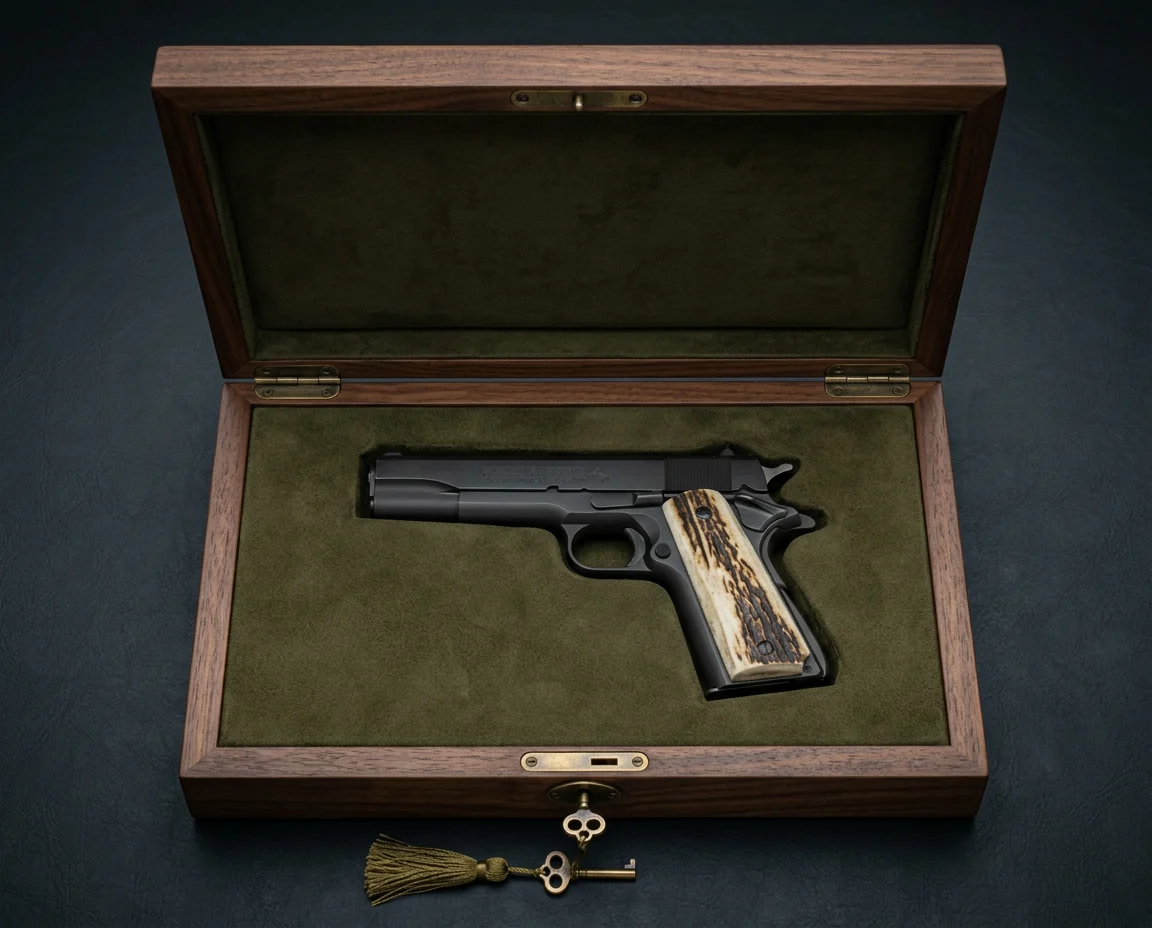 Classic walnut pistol presentation case with velvet interior