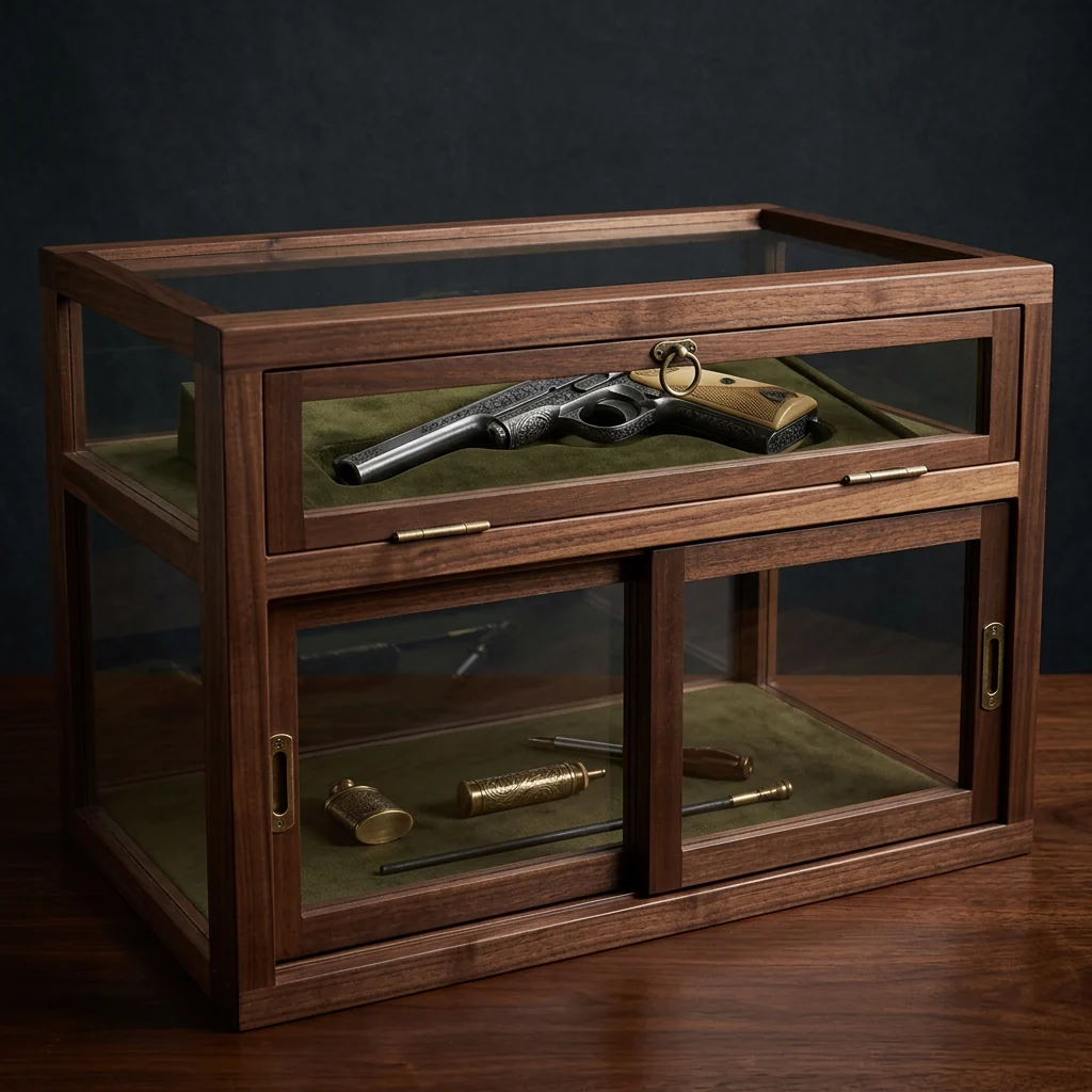 Glass-topped collector showcase case for a firearm