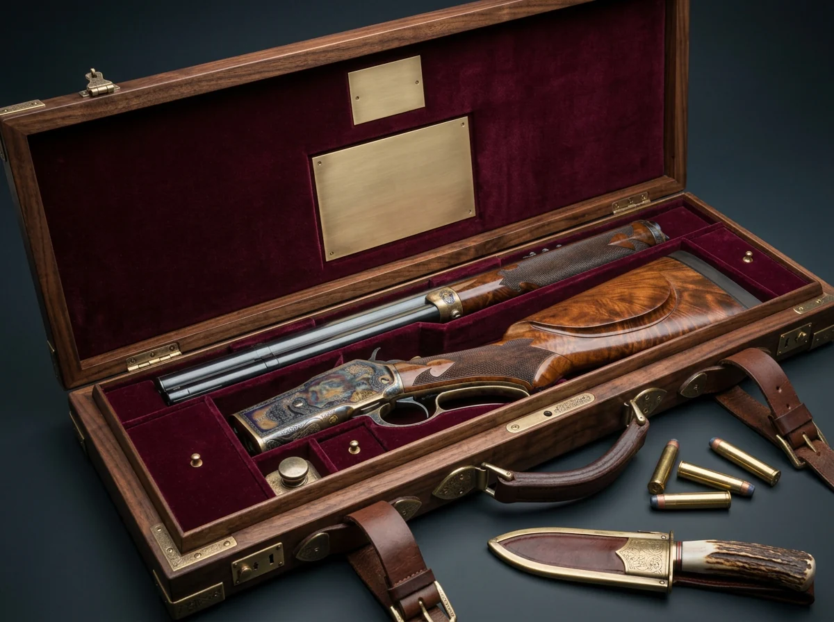 Fitted rifle presentation case in wood and velvet