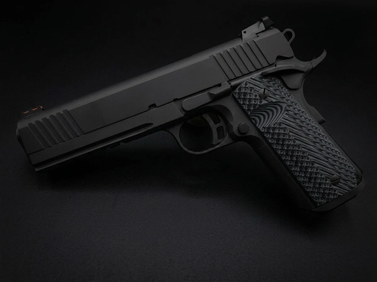 1911 pistol coated in graphite black Cerakote