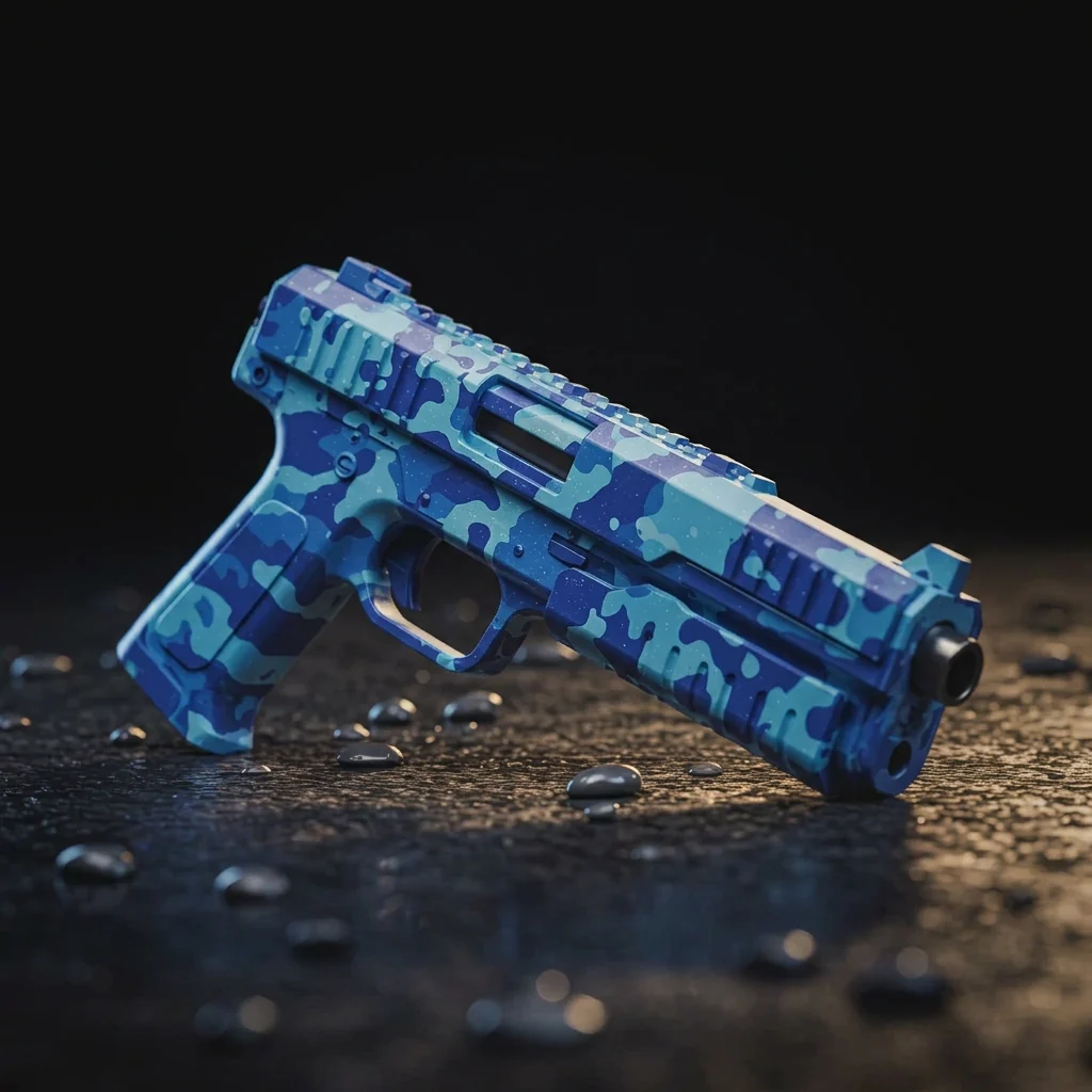 Blue camouflage Cerakote finish on a firearm
