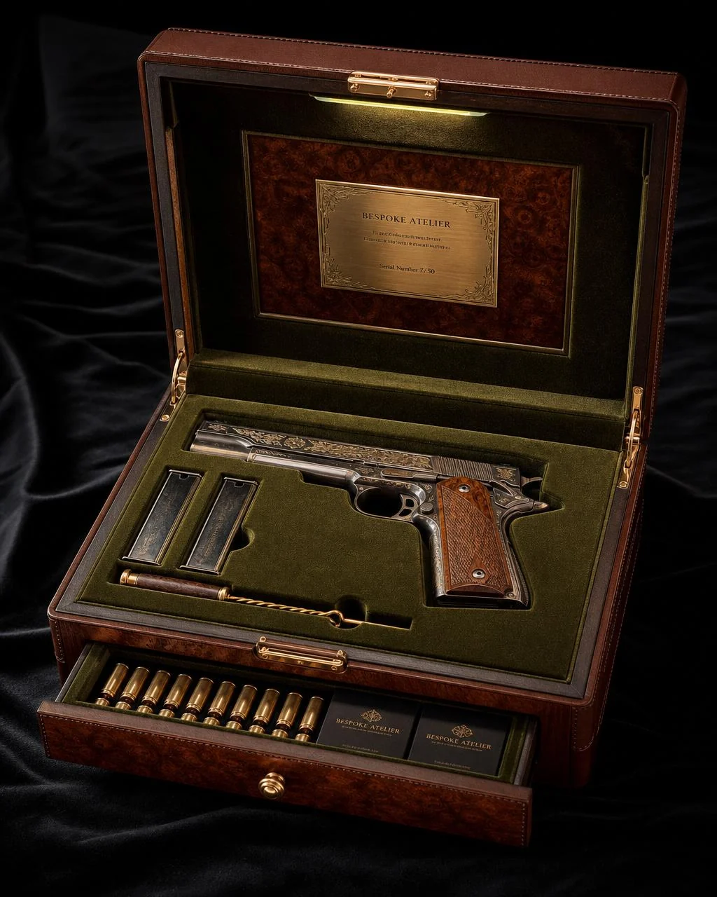 Walnut presentation case with velvet-lined interior fitted to a pistol