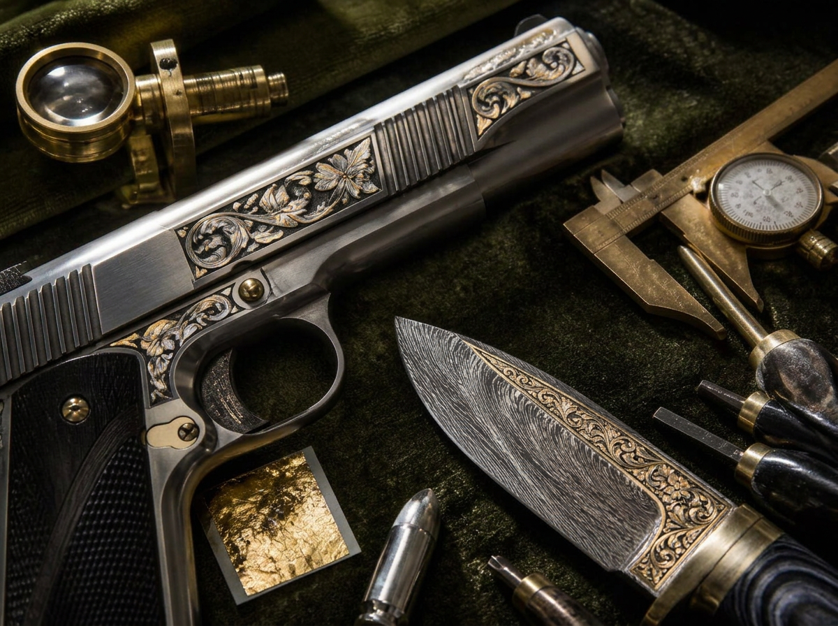 Engraved 1911 slide and engraved Damascus knife with brass tools and loupe on dark velvet — Create Project preview