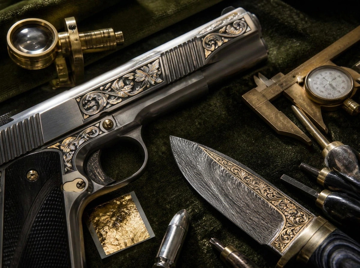 Engraved 1911 slide and engraved Damascus knife with brass tools and loupe on dark velvet — Create Project preview