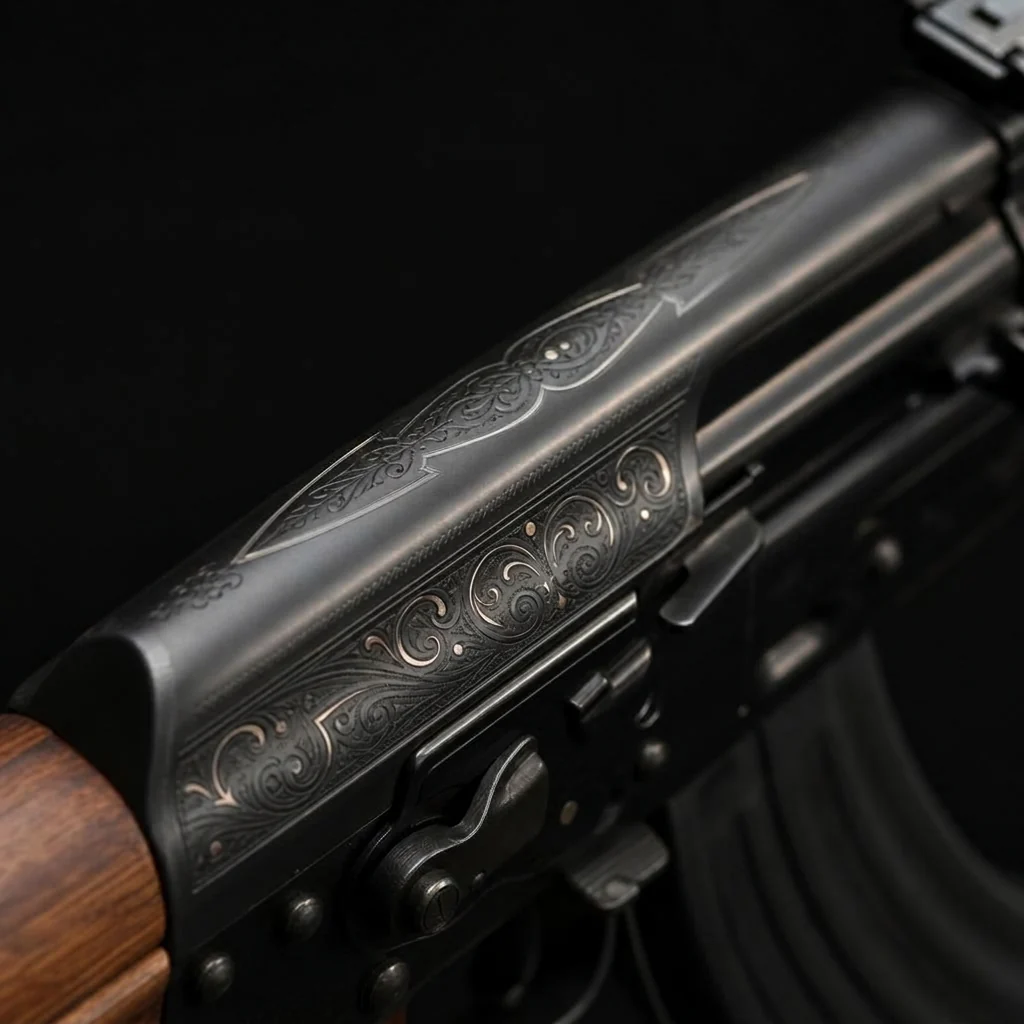 Geometric engraving cut into an AK-47 receiver