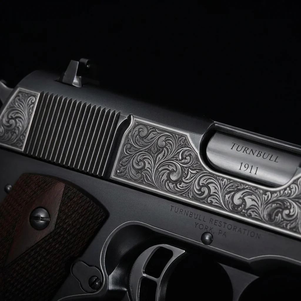 Floral scroll engraving on a 1911 pistol slide