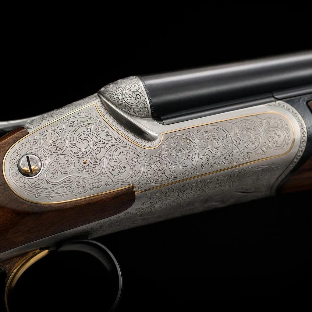 Hand-engraved shotgun receiver with full-coverage English scroll