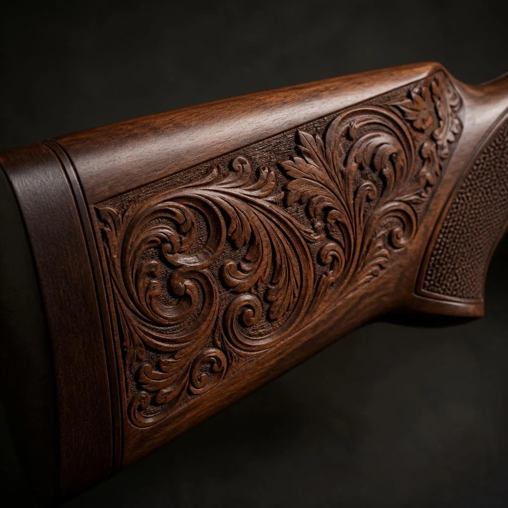 Engraved and carved walnut shotgun stock