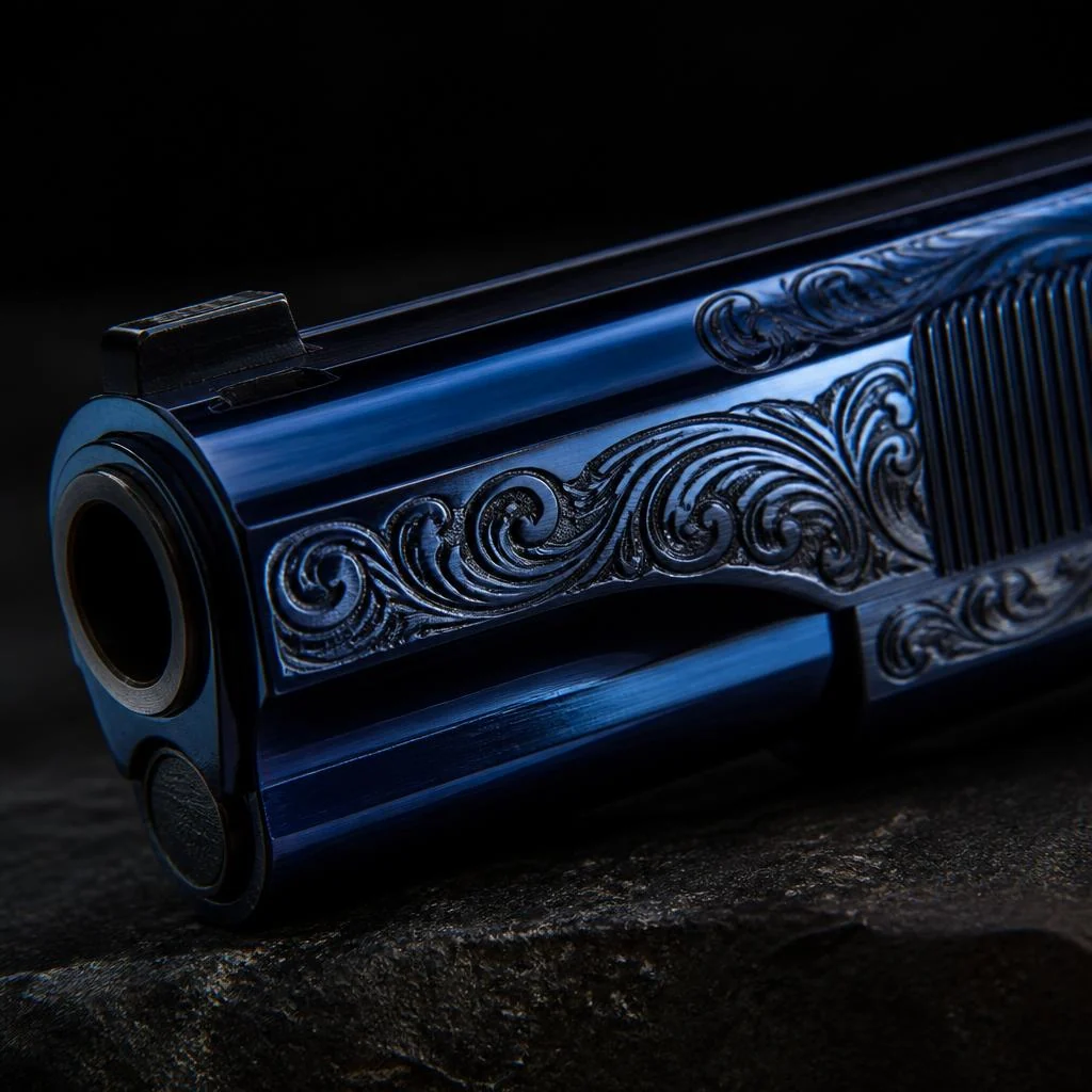 Electro-blued pistol slide beside a Cerakote-coated frame