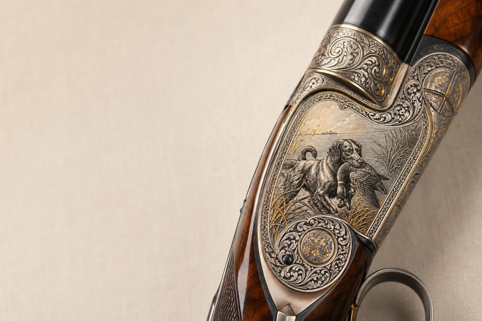 Bespoke sidelock shotgun with hand-engraved receiver on warm linen