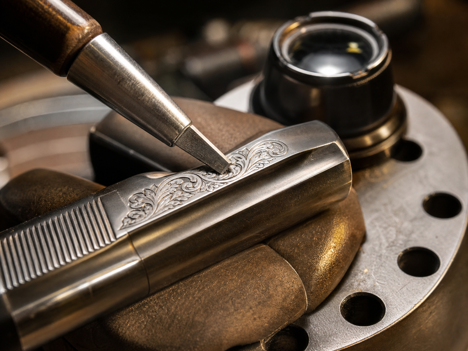 Hand graver cutting fine scrollwork into a polished pistol slide
