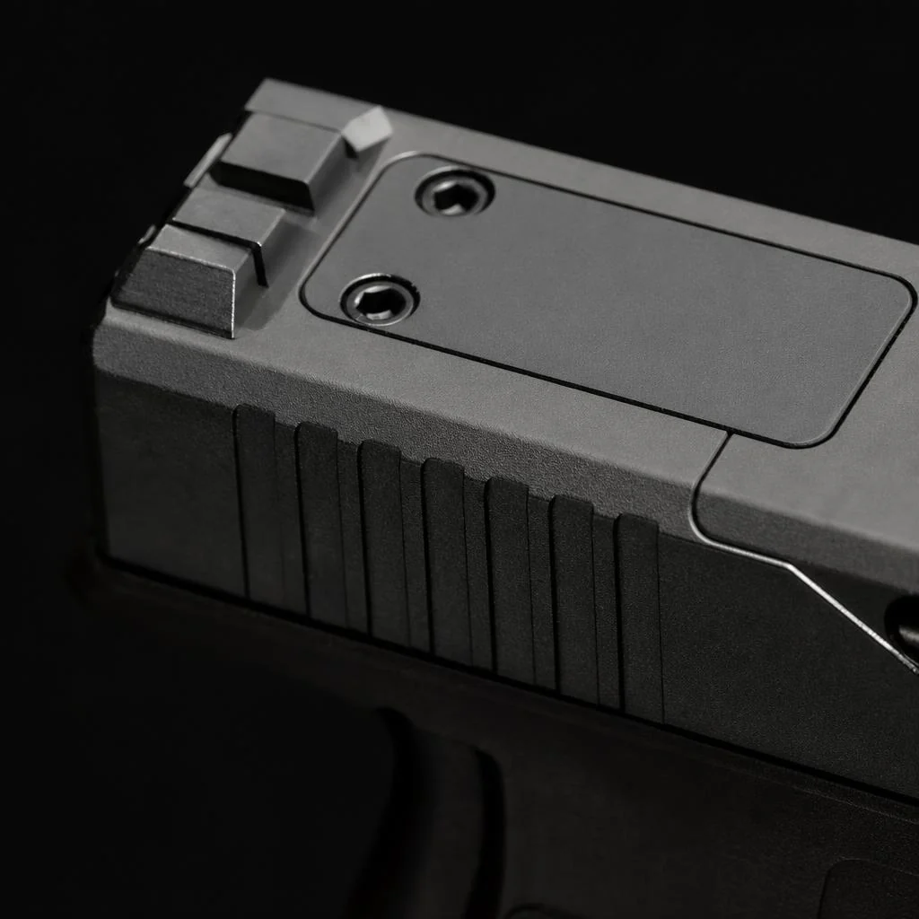 Pistol slide with a freshly milled optic cut and matching cover plate