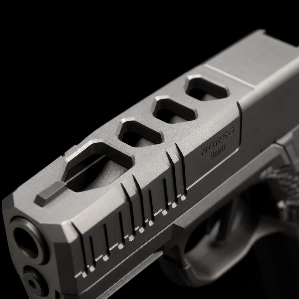 Machined window cut through a pistol slide