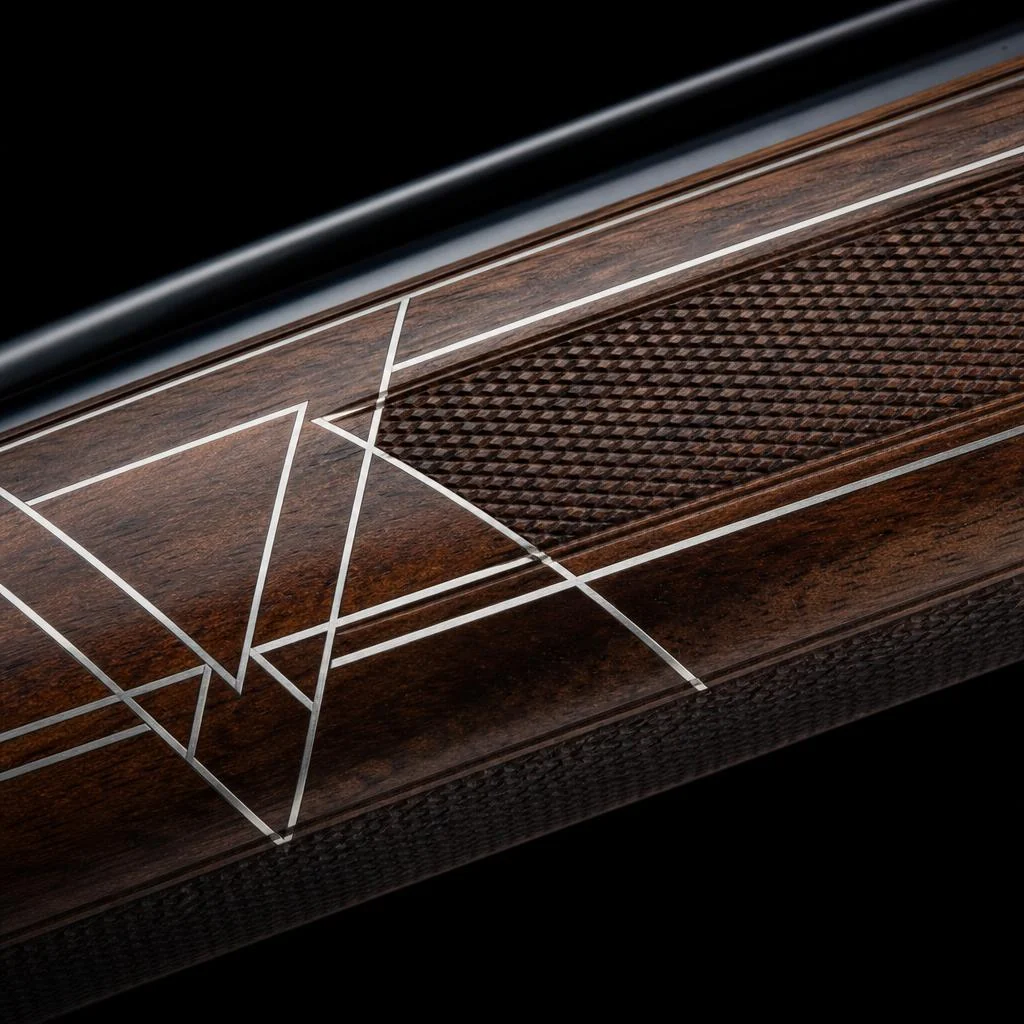 Art deco wire inlay in a walnut grip panel